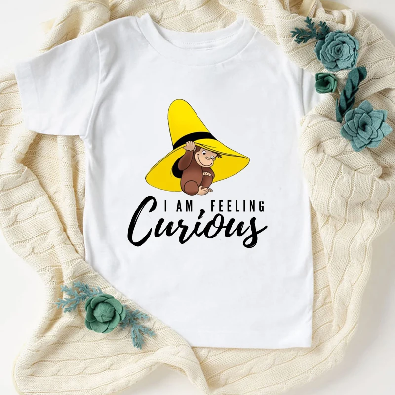 Newly boys t shirts Curious George Cartoon print under yellow hat monkey kids shirt cute girls t-shirts birthday costume tops