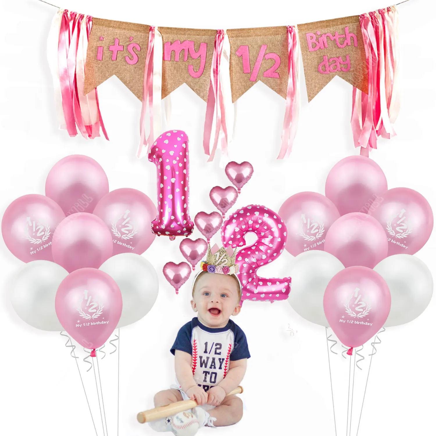 Half Birthday Party Decorations Kit It\'s My 1/2 Birthday Banner Balloons Crown Hat For 6 Months Baby Girl Boy Baby Shower Decor