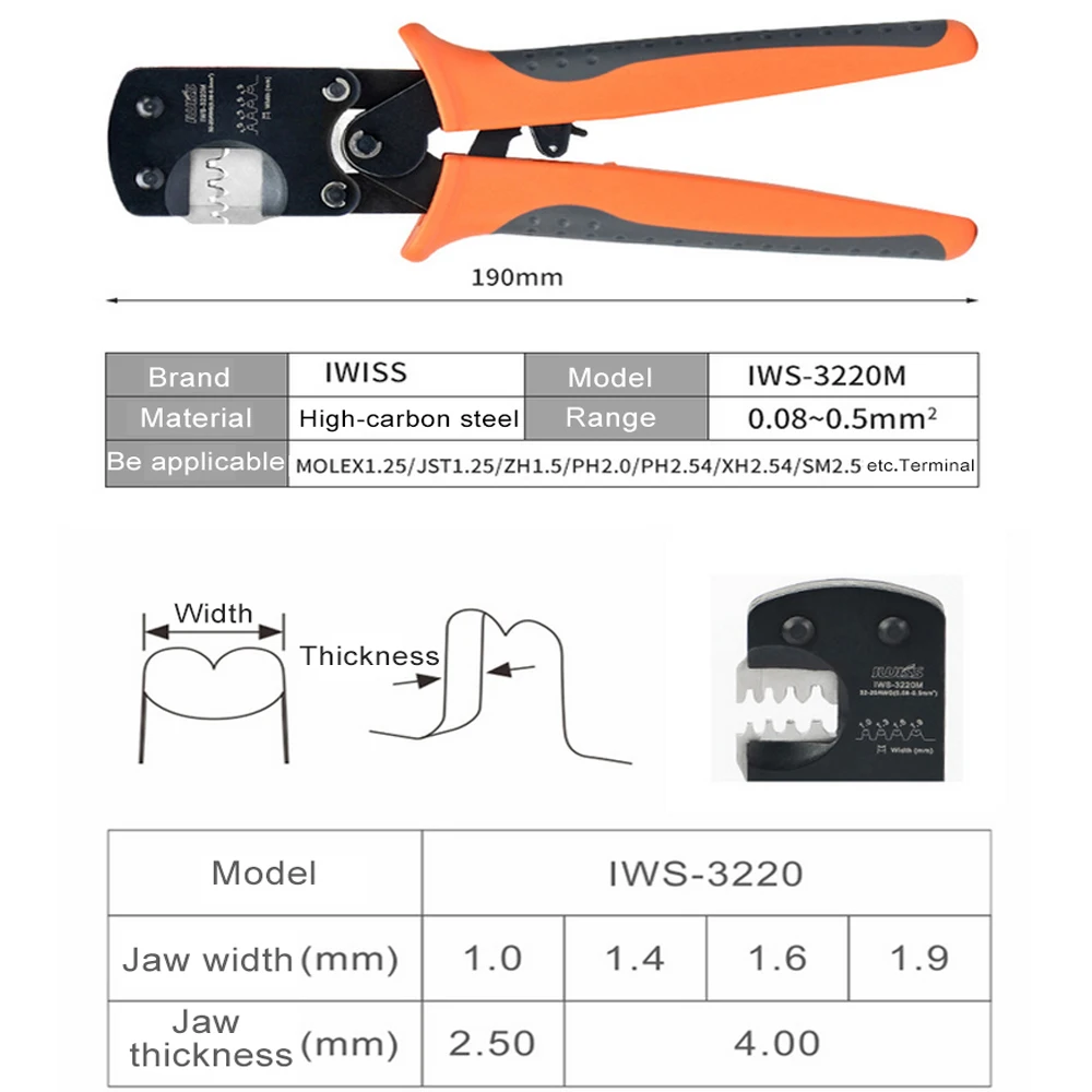 IWS-3220M Ratchet Crimping Plier 0.08-0.5mm² AWG32-20 Hand Crimper Tools for Narrow-pitch Connector Pins Crimp Range