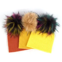 Candy Color Kids Beanies Warm Faux Fur Pompom Ribbed Beanies Hats Baby Hat Newborn Baby Girls Boys Soft Cute Cotton Hats