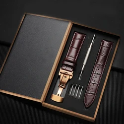 Correa de patrón de bambú, correa de reloj de cuero genuino con hebilla de mariposa de doble presión, accesorios de relojes, 12-24mm