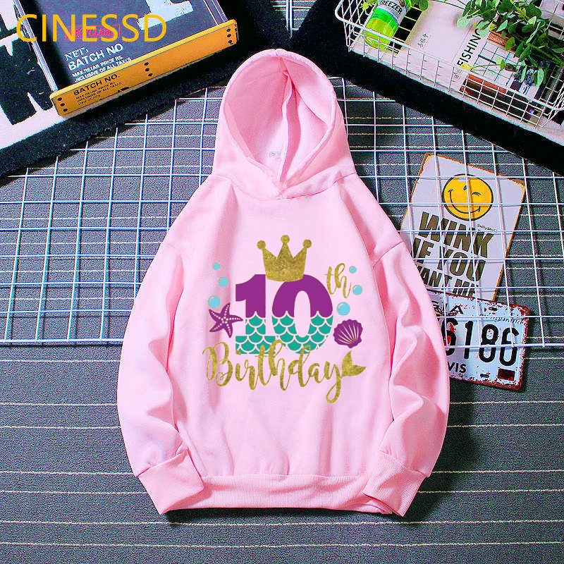 Crown Mermaid Birthday Number 7-12th Print Gunny Graphic Hoodie Baby Girls Clothes Gift Present Autumn Winter Fleece Sweatshirt