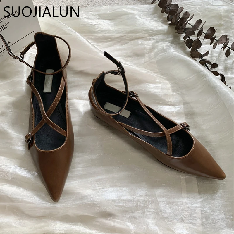 SUOJIALUN 2022 Spring Women Shallow Women Flats Shoes Pointed Toe Soft Leather Flat Ballerinas Ladies Elegant Dress Balltes