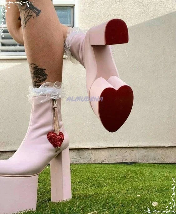 Pink Round Toe Heart Shaped Platform Ankle Booties Girl\'s Autumn Chunky Side Zipper Lace Edge Short Boots 2022 New Style Shoes