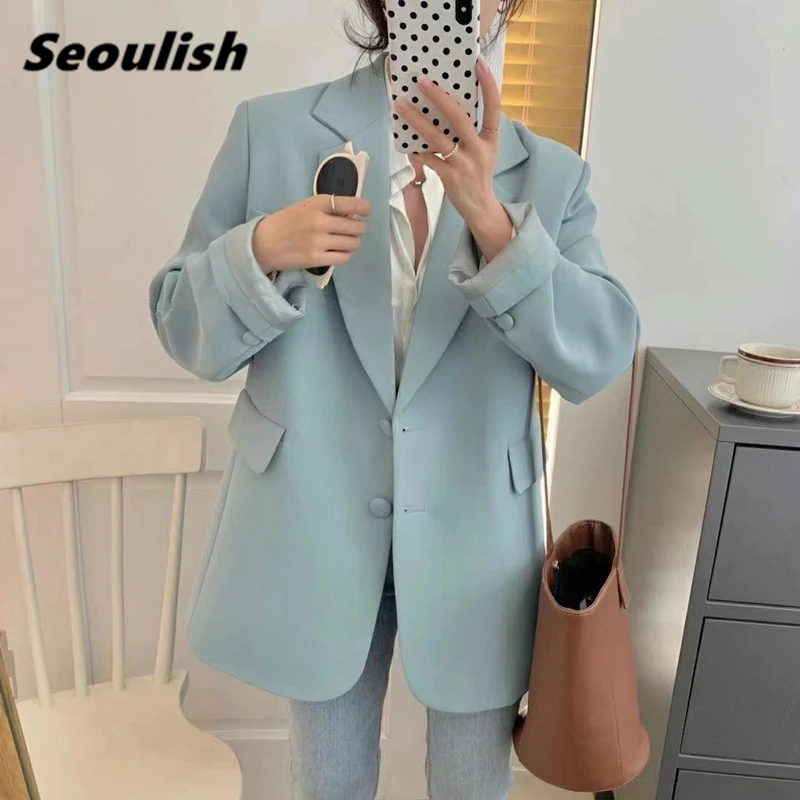 Seoulish New 2021 Autumn Pink Women's Blazers Single Breasted Jackets Fashionable Vintage Oversize Elegant Office Tops Pockets