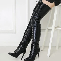 2020 Winter New Fashion Cheap Wholesale Lace Up Thigh High Boots Black Snakeskin Over Knee High Side Zip Plus Size 47