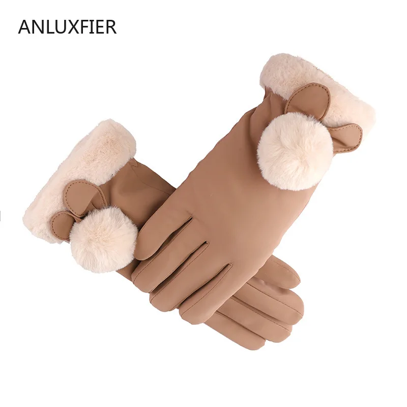 

H9909 Women Gloves Winter Touch Screen Riding Cute Fur Ball Mittens Thermal Thick Windproof Waterproof Lovely Female Hand Muff