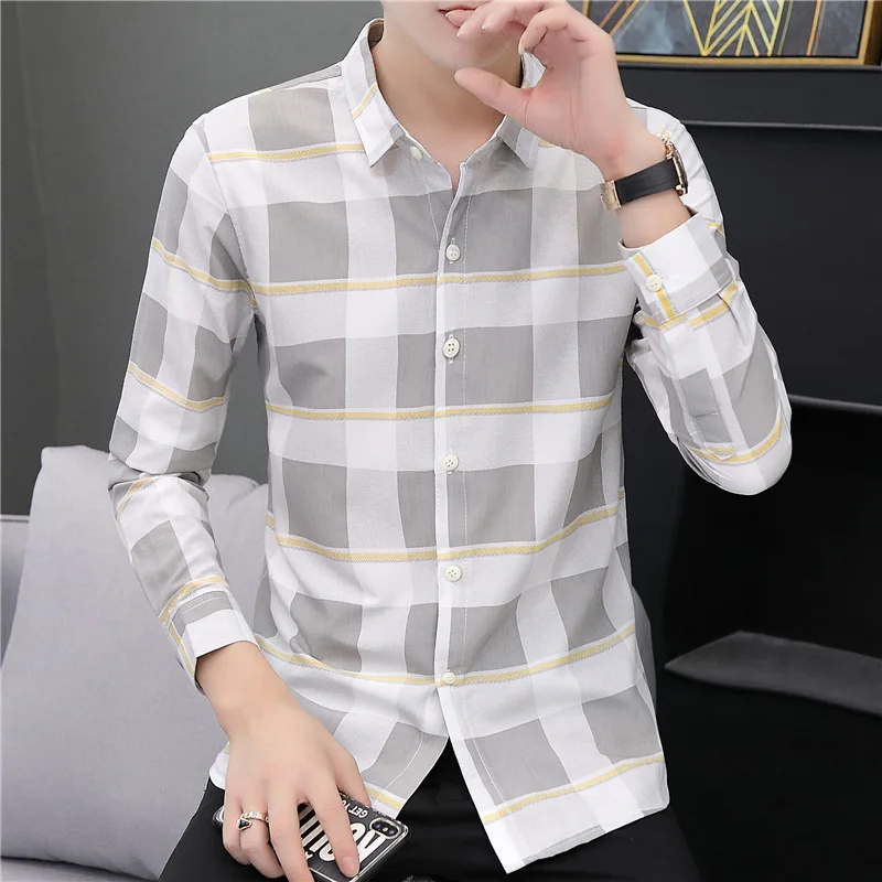 Men's Shirts Autumn Fashion Casual All-match Loose Literature And Art Lapel Long Sleeve Cotton Lattice High Quality Cardigan