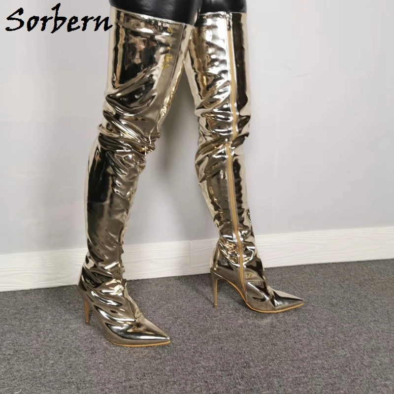 Sorbern ضوء الذهب لامع الفخذ أحذية النساء عالية الكعب أشار تو ألوان مخصصة واسعة سليم صالح الساقين للجنسين أحذية طويلة حجم 13