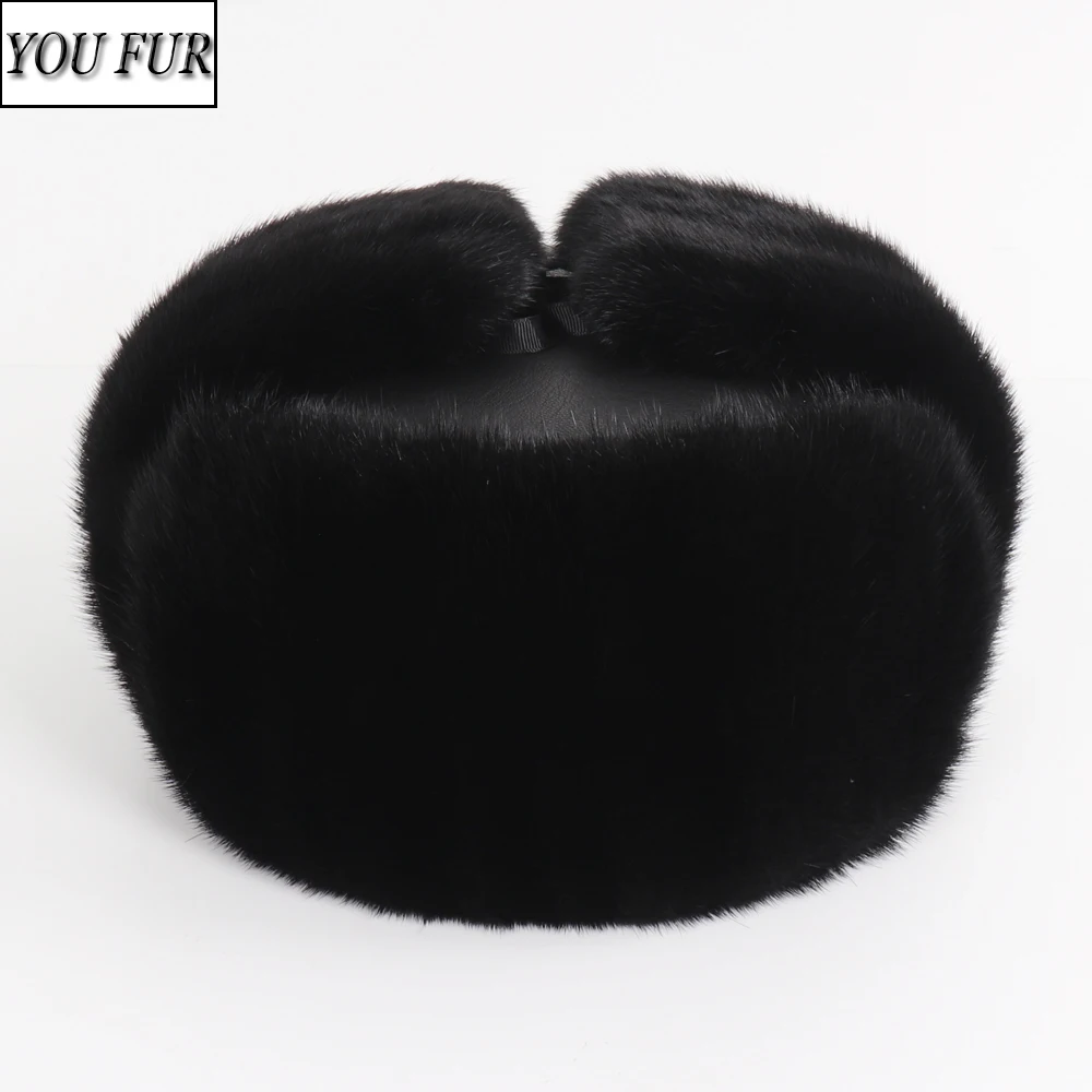 

Hot Sale Men Quality 100% Natural Mink Fur Hat Winter Man Super Warm Real Mink Fur Cap Male Real Sheepskin Leather Bomber Hats