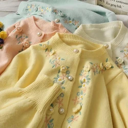 2021 Autumn Winter Sweet Flower Embroidery  Knitted Cardigans Korean Elegance Chic Pearl Buttons O-neck Long Sleeve Warm Sweater