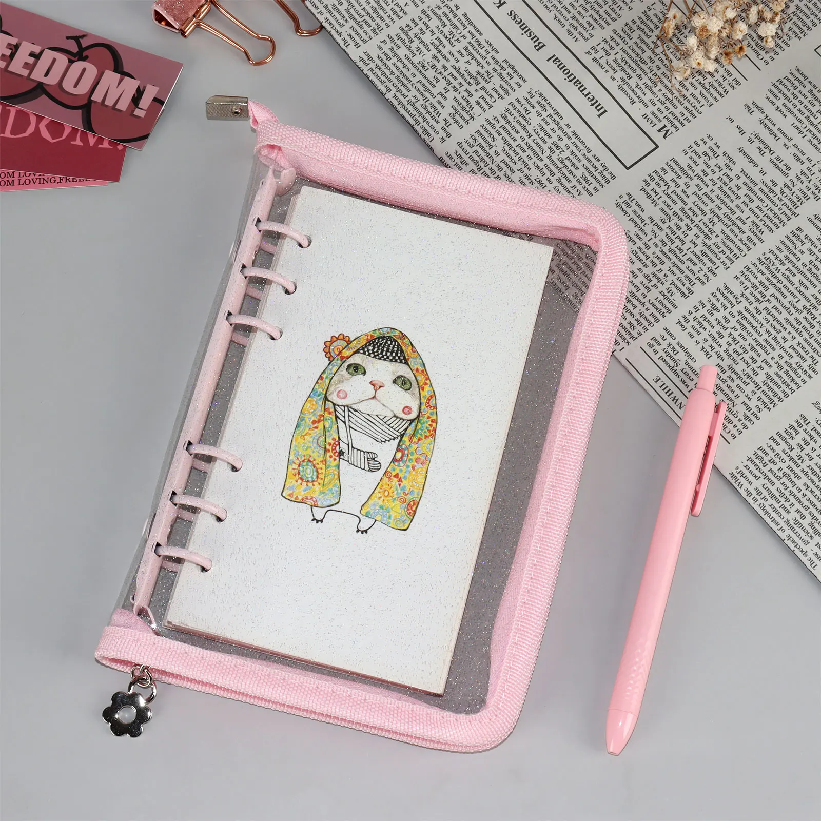 6 Ring A6 Glitter Binder Notebook Agenda Book Protector Macaron Zipper Office Home School Binder Stationery