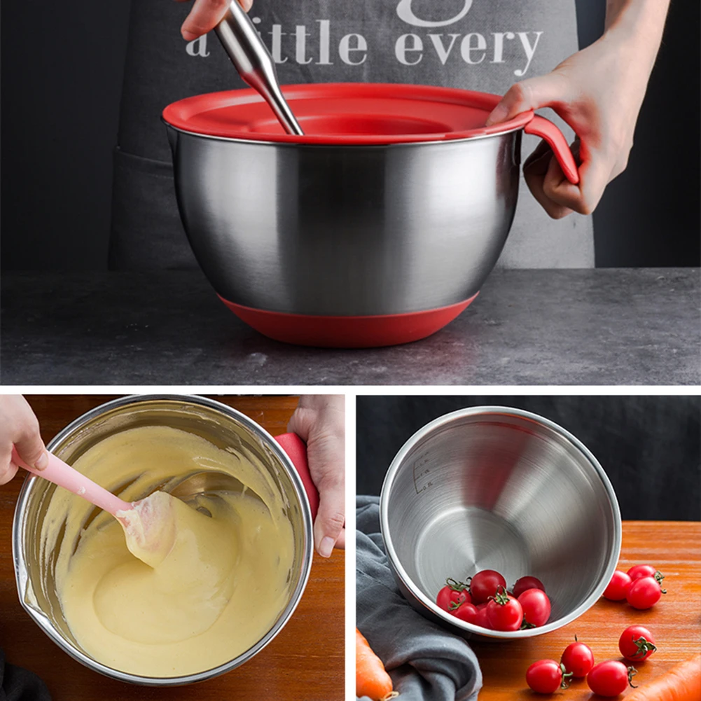 Silicone Bottom Tableware Mixing Bowl Non-Slip Food Container Thickened Kitchen Utensil Stainless Steel With Lid