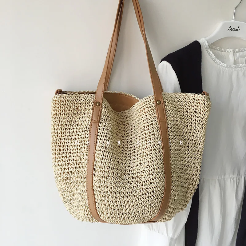 Casual Straw Woven Women Shoulder bag Wicker Handmade Handbags Women\'s bag Bohemian Beach bags for women Large Capacity Shopper