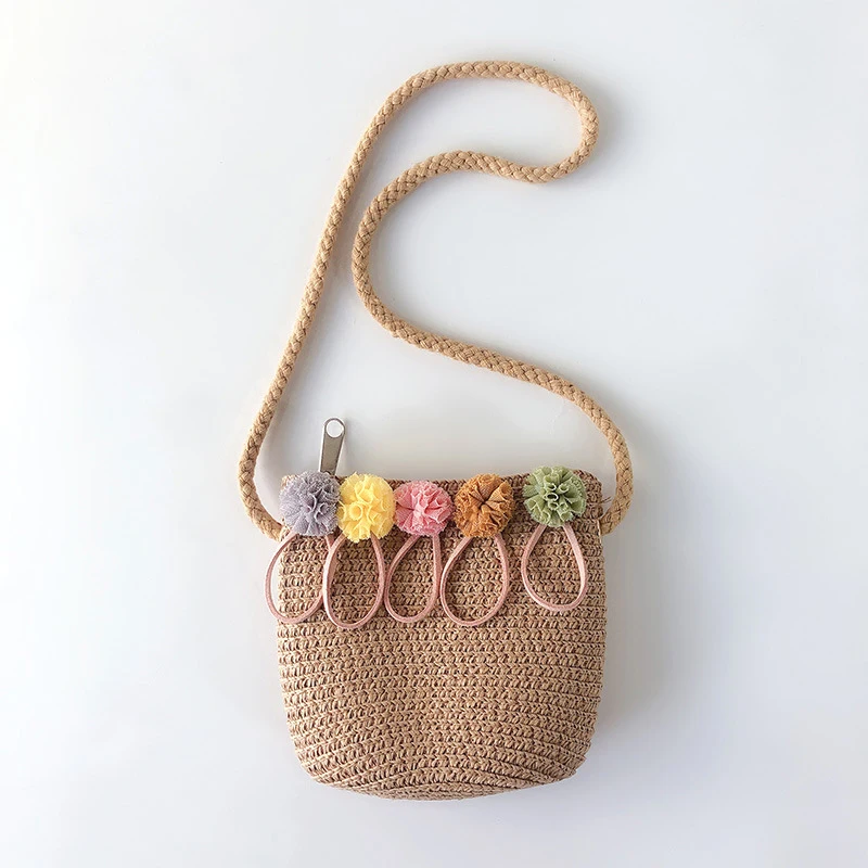 Fashion Summer Children's Handmade Straw Woven Shoulder Bag Cute Girls Mini Diagonal Bag Princess Floral Woven Beach Bag