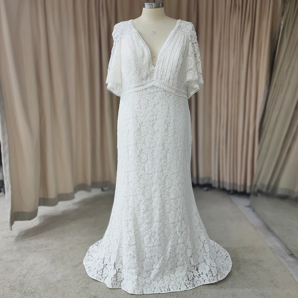 Flattern Ärmeln Boho Meerjungfrau Spitze Hochzeit Kleid V-ausschnitt 2021 Neue Nach Maß Backless Reale Fotos Plus Größe Prinzessin Brautkleid