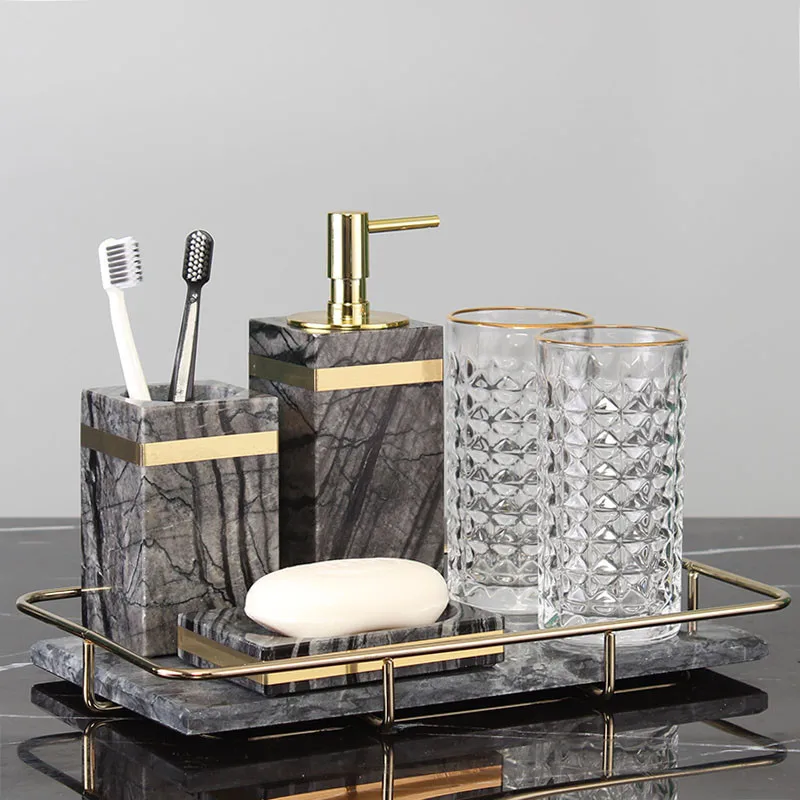 Imagem -04 - Tuqiu-conjunto de Acessórios de Banheiro Conjunto de Hardware de Luxo Mármore Dourado Saboneteira Suporte de Escova de Dente Caixa de Cotonete de Algodão