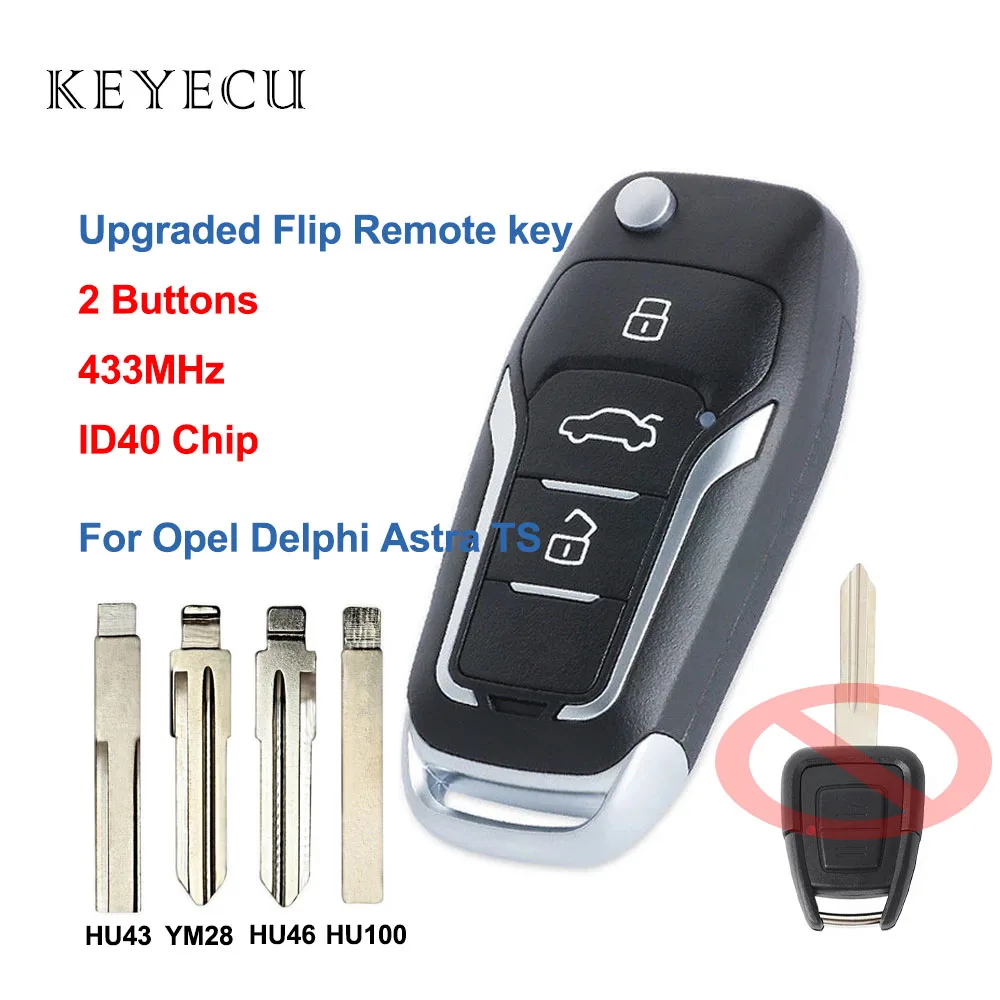 Upgraded Flip Remote Car Key Fob 433MHz ID40 Chip 2 Buttons for Opel Delphi Astra TS with HU43/YM28/ HU46/ HU100 Blade