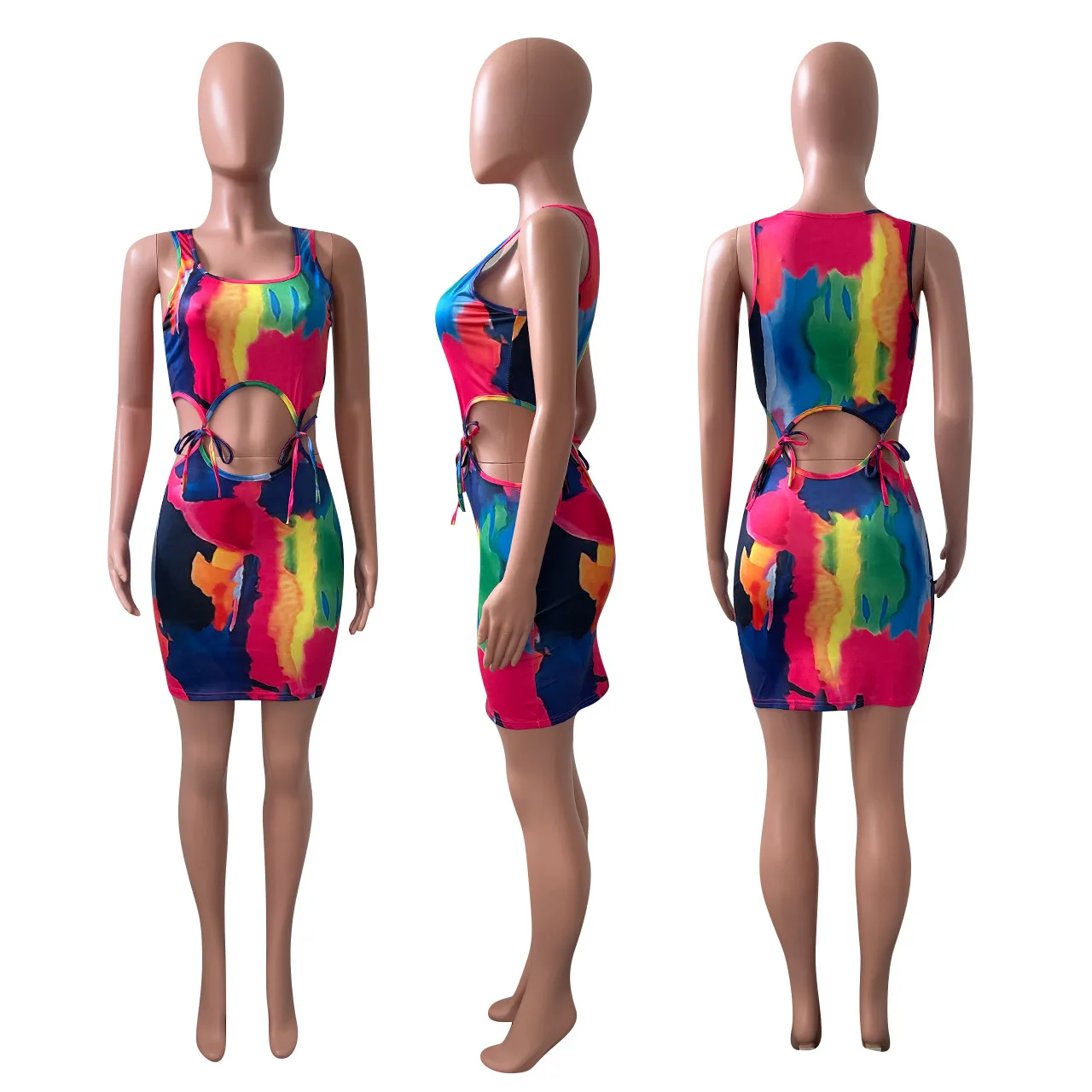 2021 Tie Dye Sexy Mini Dress แขนกุด Cut Out Vestidos Night Club Party ชุด Holiday Beach สวม Bodycon Sundress