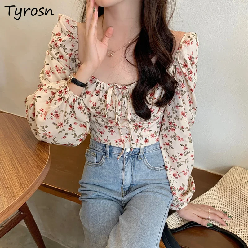 

Floral Blouses Women Sweet Design Bow Square Collar Tops French Style Elegant Casual Puff Long Sleeve Cropped Shirts Mujer Chic