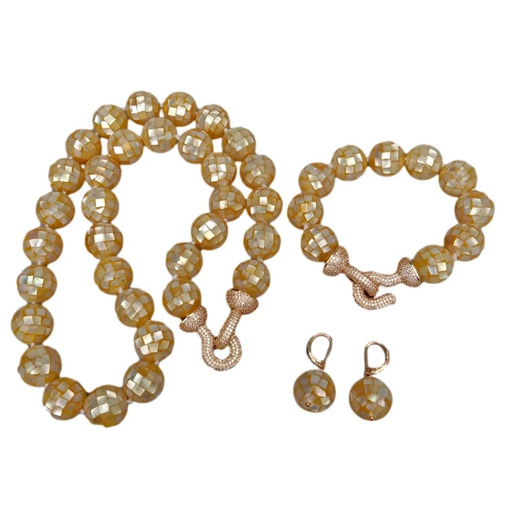 

YYGEM 16mm Round Faceted Natural Golden Abalone Shell Long Necklace Bracelet Earrings Set Cubic Zirconia Pave Clasp