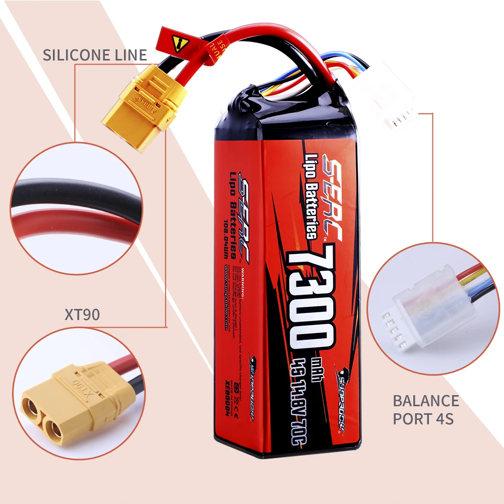 SUNPADOW 4S 14.8V Lipo Battery 7300mAh 70C Soft Pack with XT90 Plug for RC Vehicles Buggy Truggy Crawler Monster Truck Car Hobby