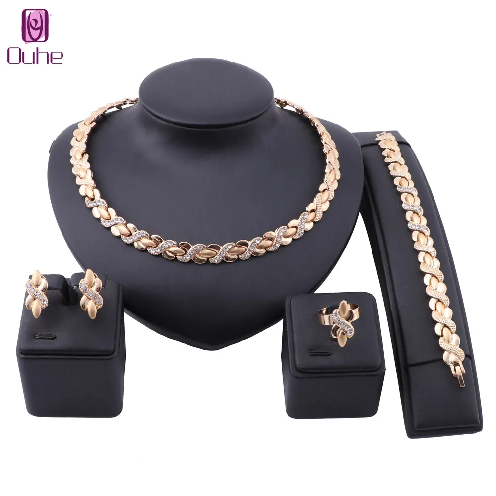 New Design Ladies Gold Color Crystal Necklace Ring Earring Bracelet Wedding Travel Party Gift Jewelry Set