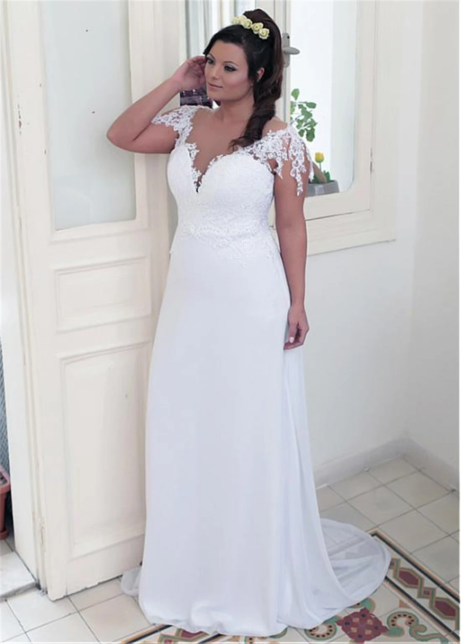 

Winsome Chiffon Jewel Neckline A-line Plus Size Wedding Dresses With Lace Appliques White Bridal Gown