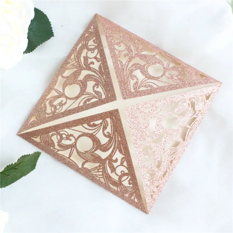 

Elegant rose gold invitation cards glittery flower laser cut gift cards for party with belly band 50pcs