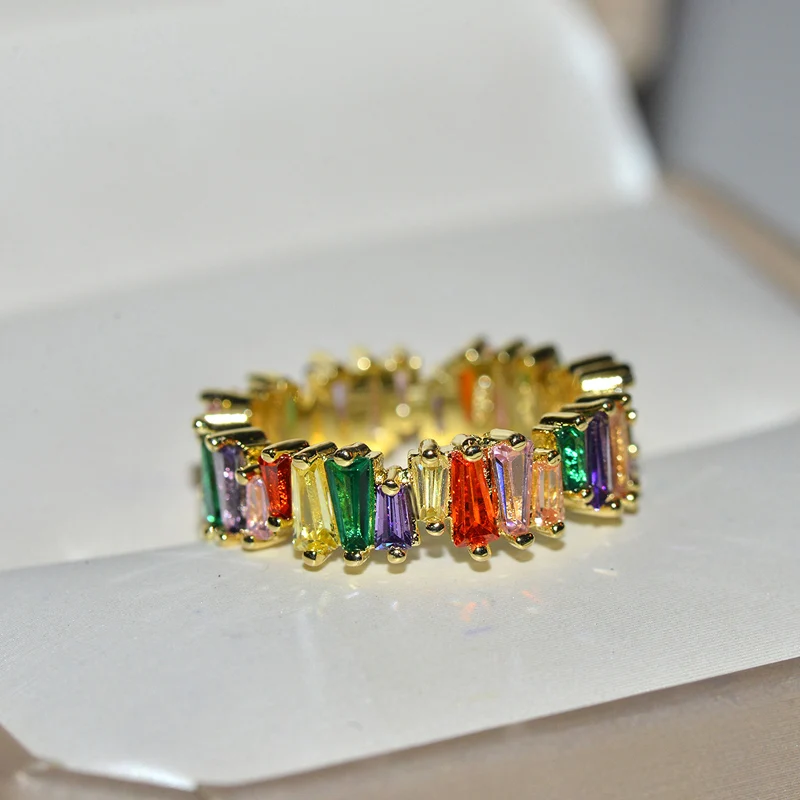 Hot sale T Shape colorful zircon Stone Ring Luxury Baguette AAA Cubic Zircon Bridal Ring Charms For Women Wedding Finger Jewelry