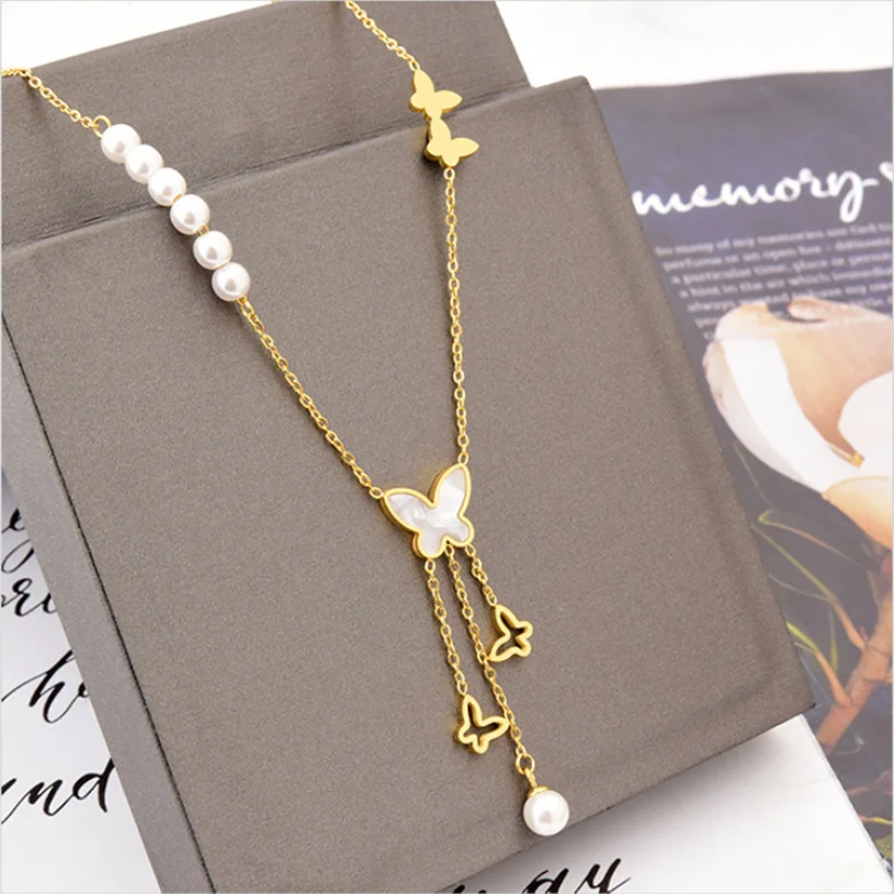 316L Stainless Steel White Shell Butterfly Tassel Pearl Pendant Charms Chain Choker Necklace For Women Fashion Fine Jewelry