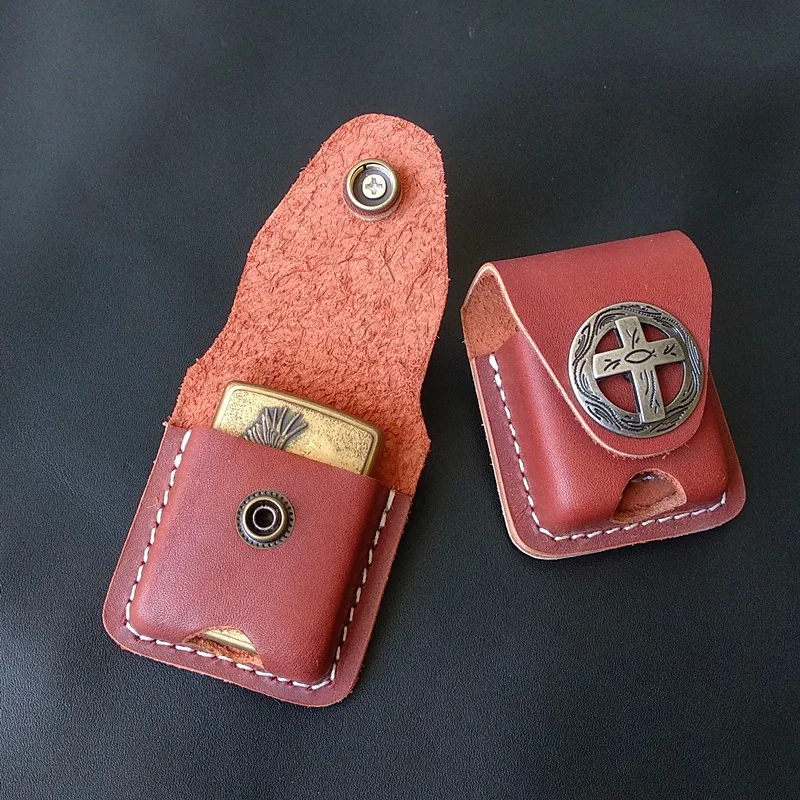 Hand-stitched  Cowhide Brown Hollow Badge Snap Button Universal Lighter Cover for Zippo Lighter  Cover