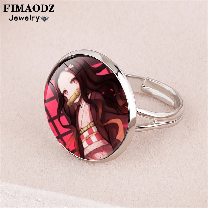 FIMAODZ Demon Slayer Glass Round Ring Kimetsu No Yaiba Kamado Tanjirou Nezuko Cosplay Rings for Women Men Fans Gift