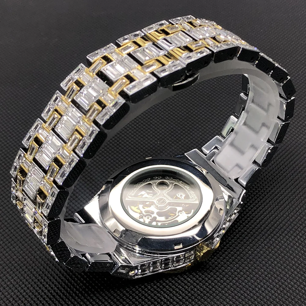 MISSFOX Hip Hop Mechanical Mens Watches Luxury Iced Out Stainless Steel Automatic Wristwatch For Men Jewelry Relógio masculino