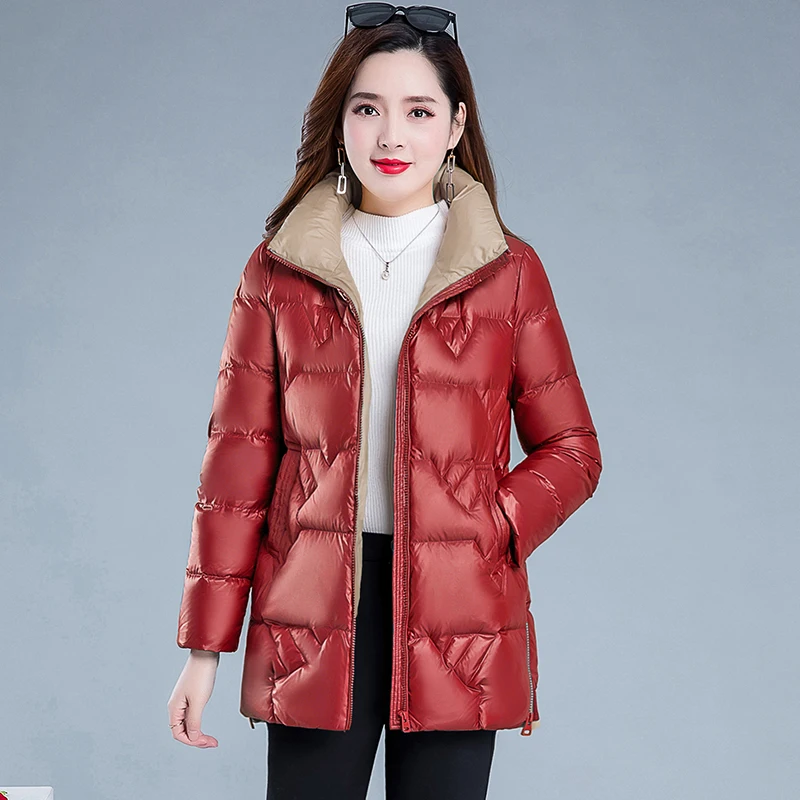 Chaqueta de plumón de pato para mujer, Parka gruesa de gran tamaño, de longitud media, ajustada, cálida, Invierno