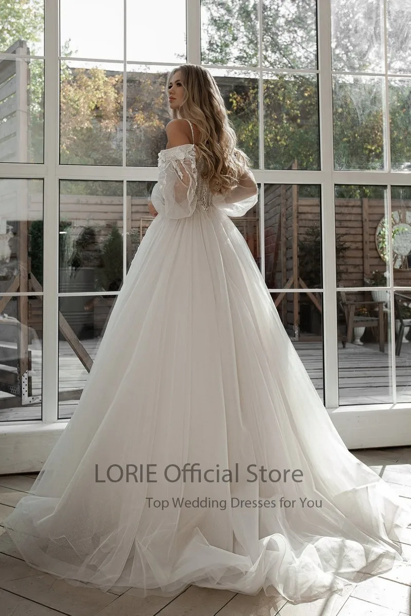 LORIE Glitter Wedding Dresses Puff Sleeve Appliques Lace 3D Flower off Shoulder Tulle Boho Bride Gown Customized vestidosdenovia