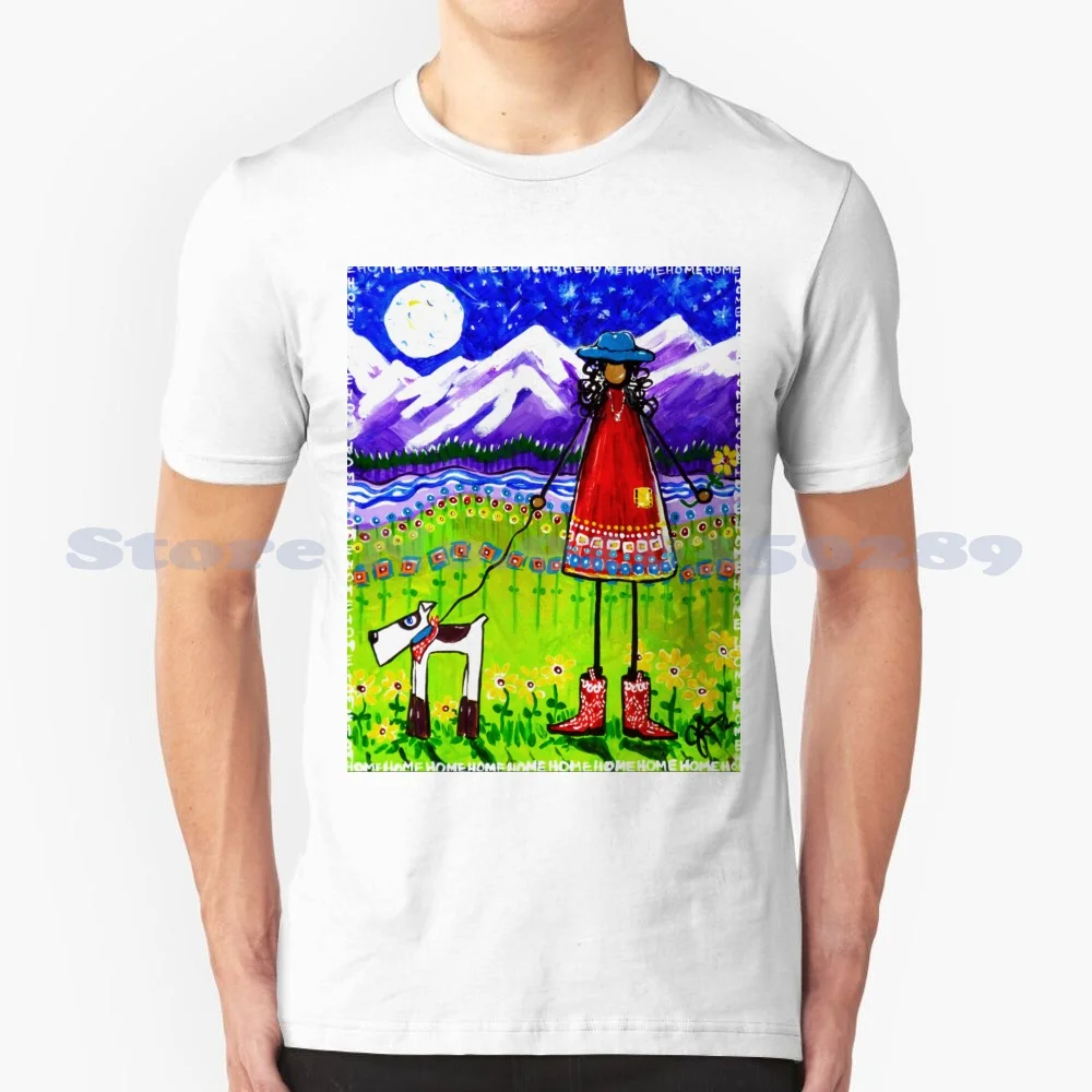 Home Sweet Home Western Rocky Mountains Moon Starry Sky River Flowers Dog Cowgirl Boots Jackie Carpenter 100% Cotton T-Shirt