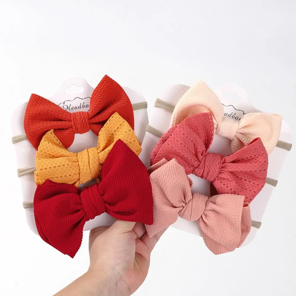 3Pcs/Set Solid Bow Knot Elastic Nylon Hair Bands with Card Handmade Seersucker Baby Headband Newborn Headwrap