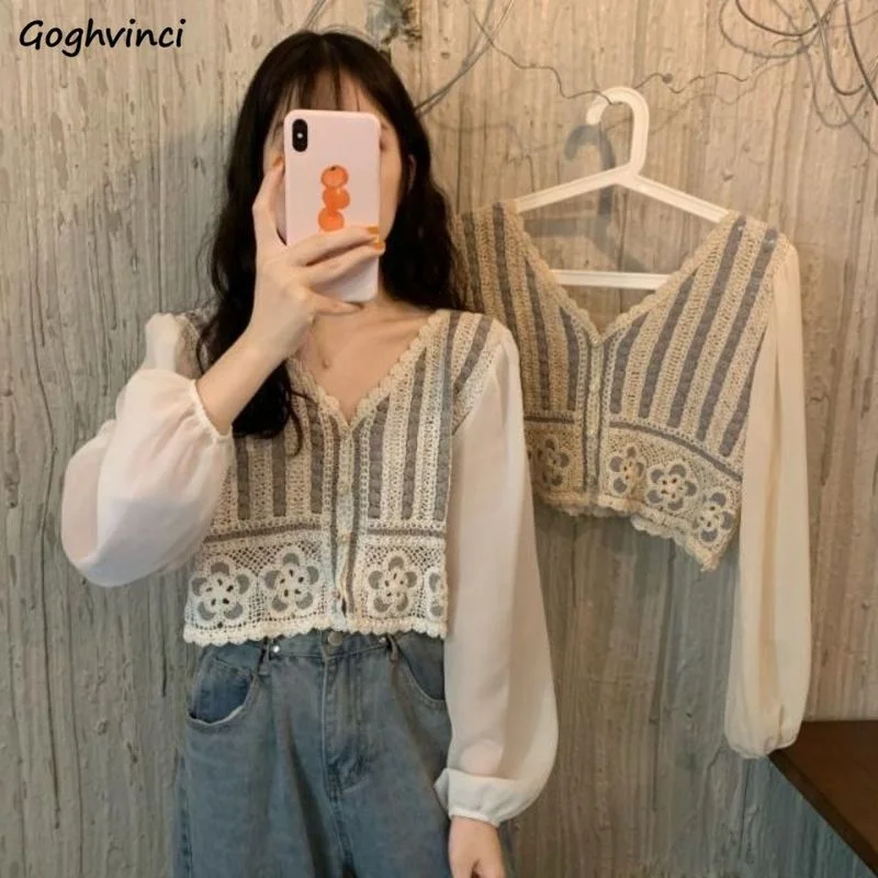 

Women Shirts Chiffon Patchwork Embroidery V-neck Ladies Puff Sleeve Crop Top French Style Ruffled Female Hollow Out Shirt Trendy