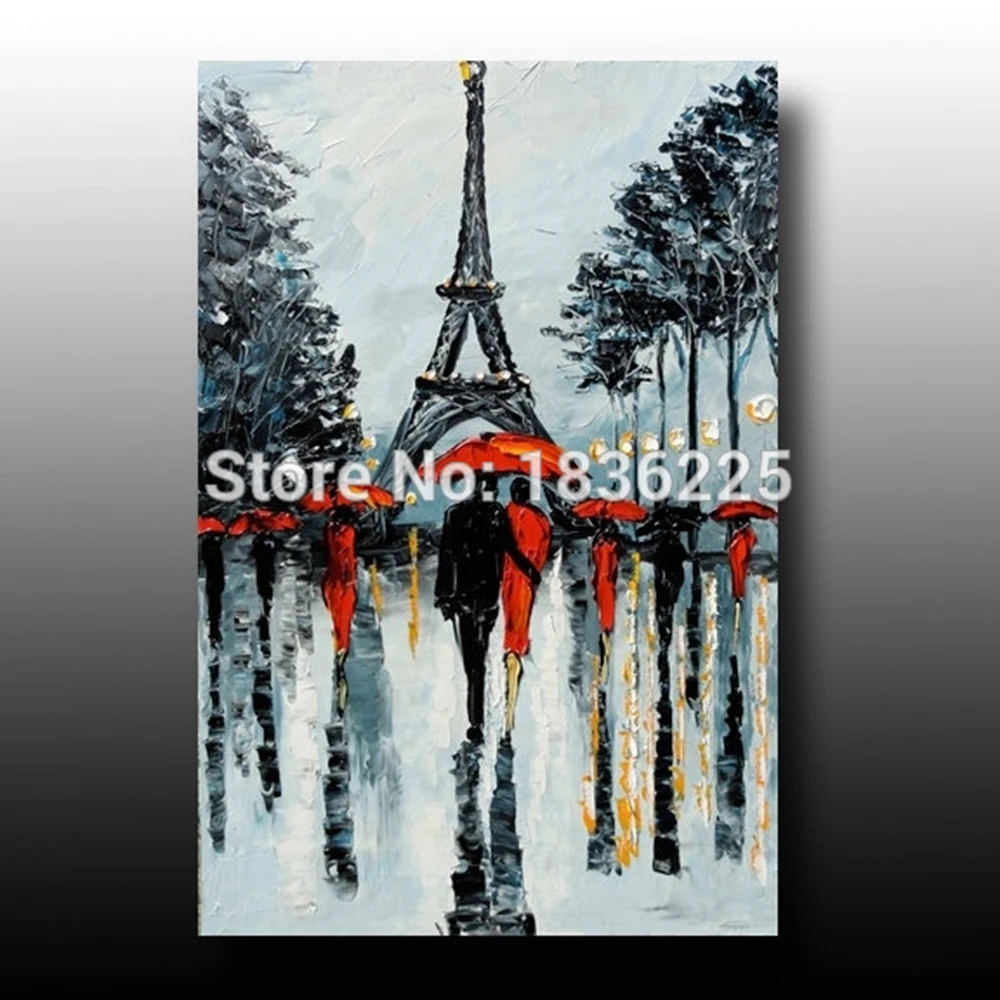 

Lover Hold Umbrella Under Eiffel Knife Streetscape Oil Painting Handmade Wall Pictures for Living Room Decor Landscape Painting