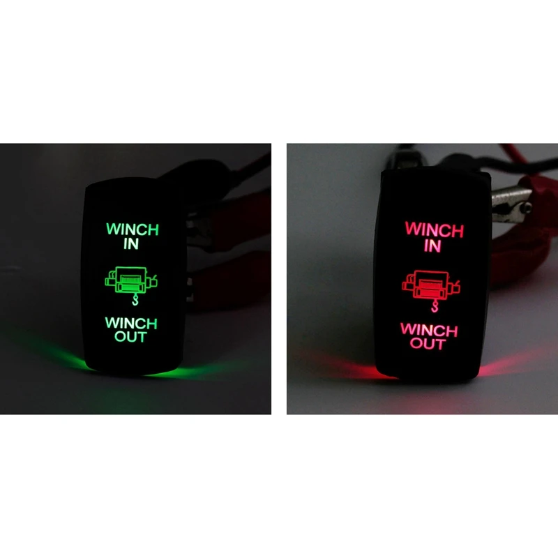 2Pcs 7 Pin Momentary Rocker Switch Winch In Winch Out 12V ON-OFF-ON LED Light - Red & Green