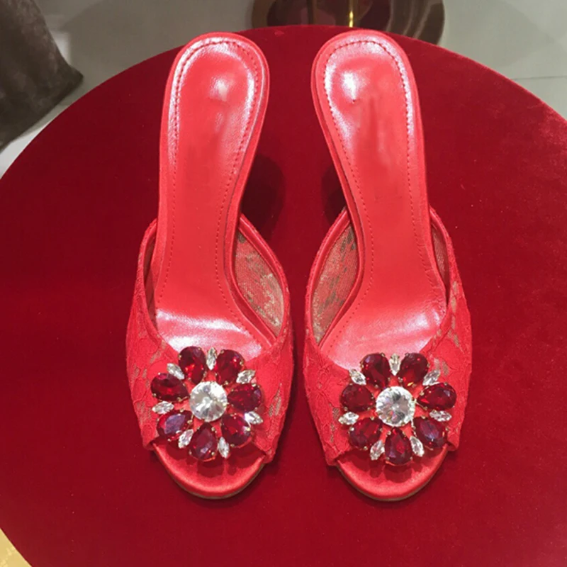 Summer Diamond Flower High Heel Lace Slipper Sexy Peep Toe Crystal Slingback Street Stilettos Sandals Floral Banquet Dress Shoes