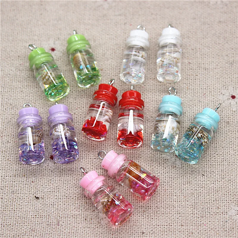 10pcs New Design Mix Colors 3D Mini Glass Drifting Bottle Sealed with Conch Iron Hook DIY Craft/Jewelry Accessory,10*22mm