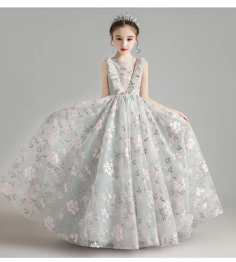 Fluffy Tulle Flower Girl Dresses Gray Lace Embroidery Floral Prom Gown Pageant For Weddings Kids Party Holy Communion Costume