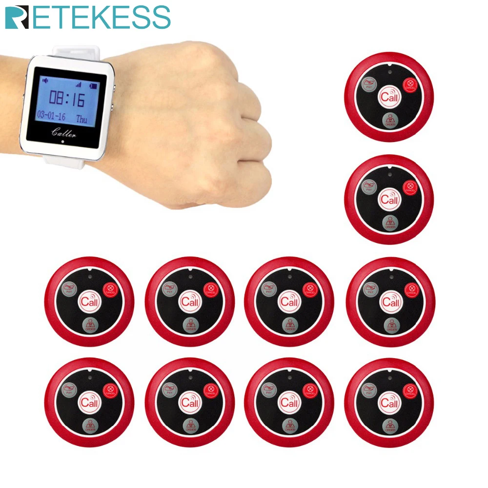 RETEKESS Wireless Waiter Calling System Guest Pager Waiter Watch Receiver+10 Call Buttons For Cafe Restaurant Bar Clinic Service