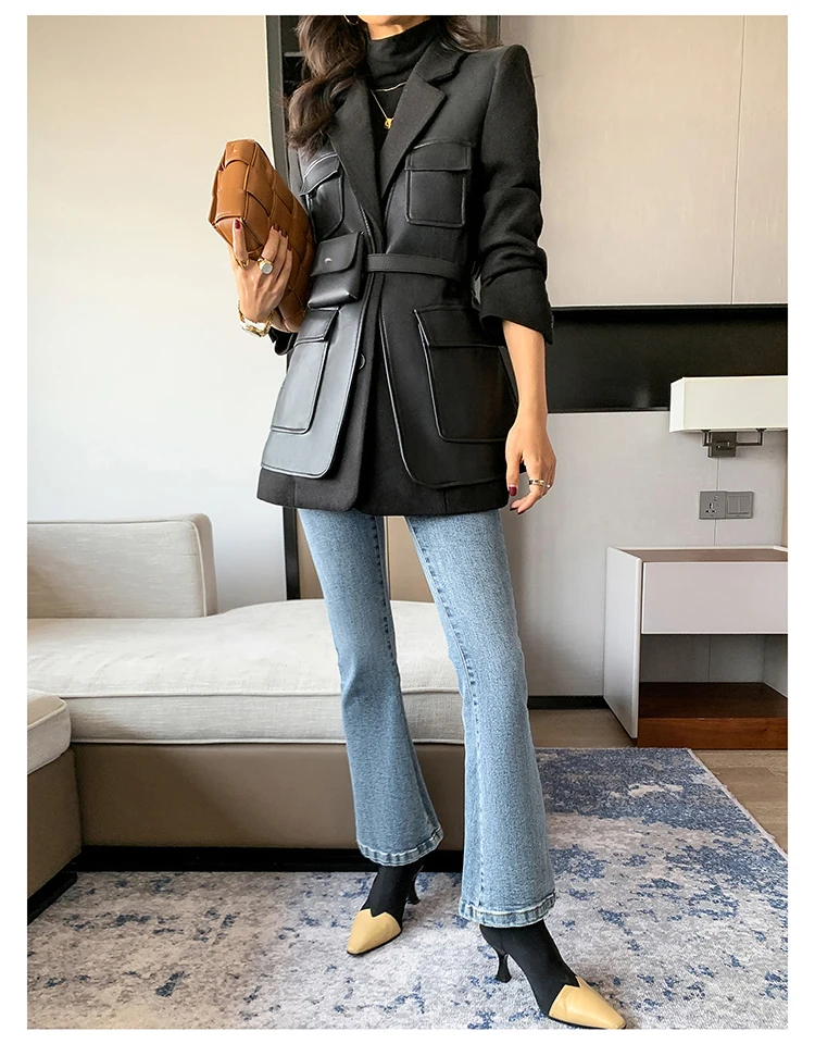 Nerazzurri Autumn Black Wool Blends Patchwork Leather Jacket Women with Many Pockets Long Sleeve Korean Fashion Streetwear 2022