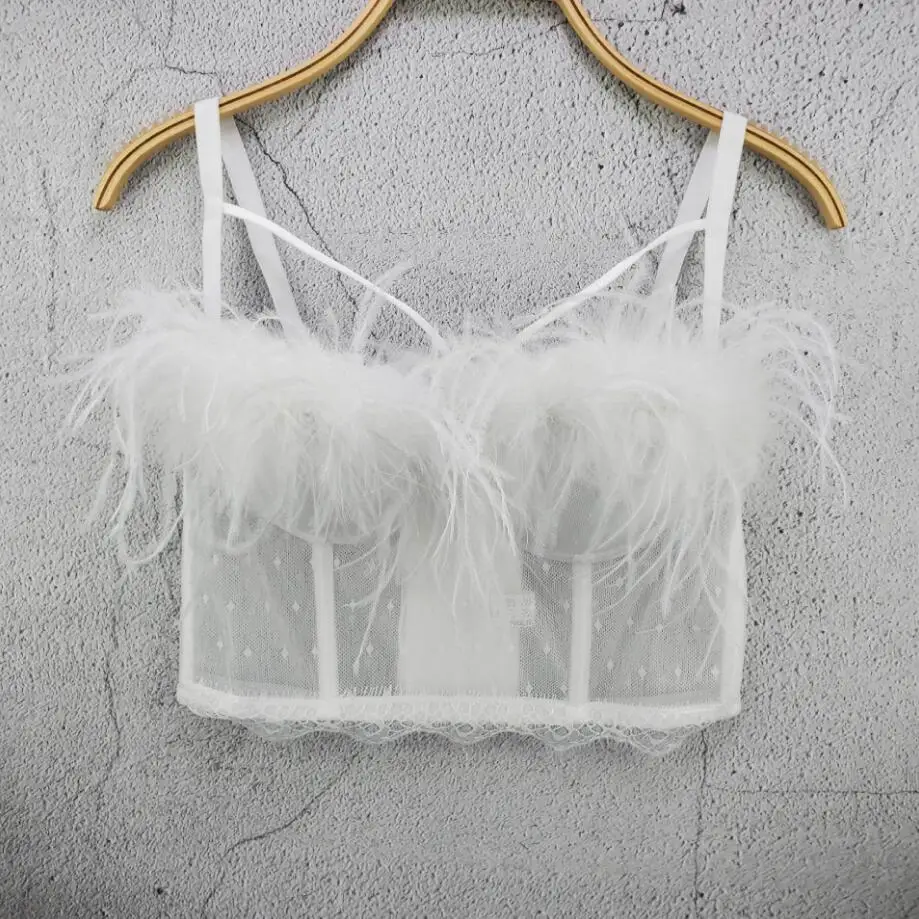 Black White Color Mesh Lace Feather Camisole Vest Tube Crop Tops Women Sexy Short Bustier Camis q842