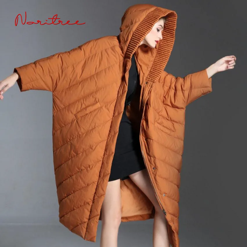 S-3XL fashion Winter fashion brand over the knee longer real duck down coat female bat style hooded warm down parkas wq115