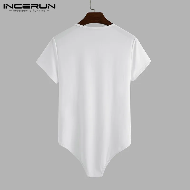 INCERUN Men T Shirt Bodysuit Solid Color Sexy Short Sleeve O Neck Tee Tops Casual Men Rompers T-shirts Breathable Underwear 2023