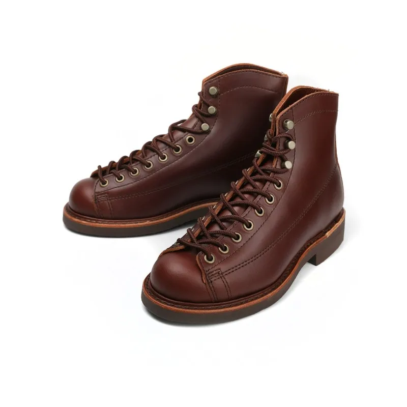 Top Quality Handmade Vintage Men Shoes Real Leather Round Toe Ankle Boots Wings British Dress Motorcycle Boots Wine Red Tooling